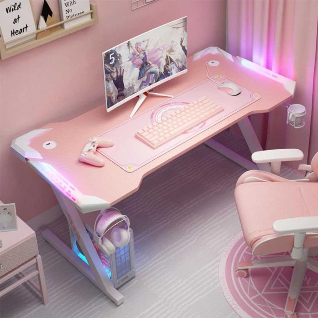 Escritorio para juegos con luz en forma de Z de color rosa para habitación de anime