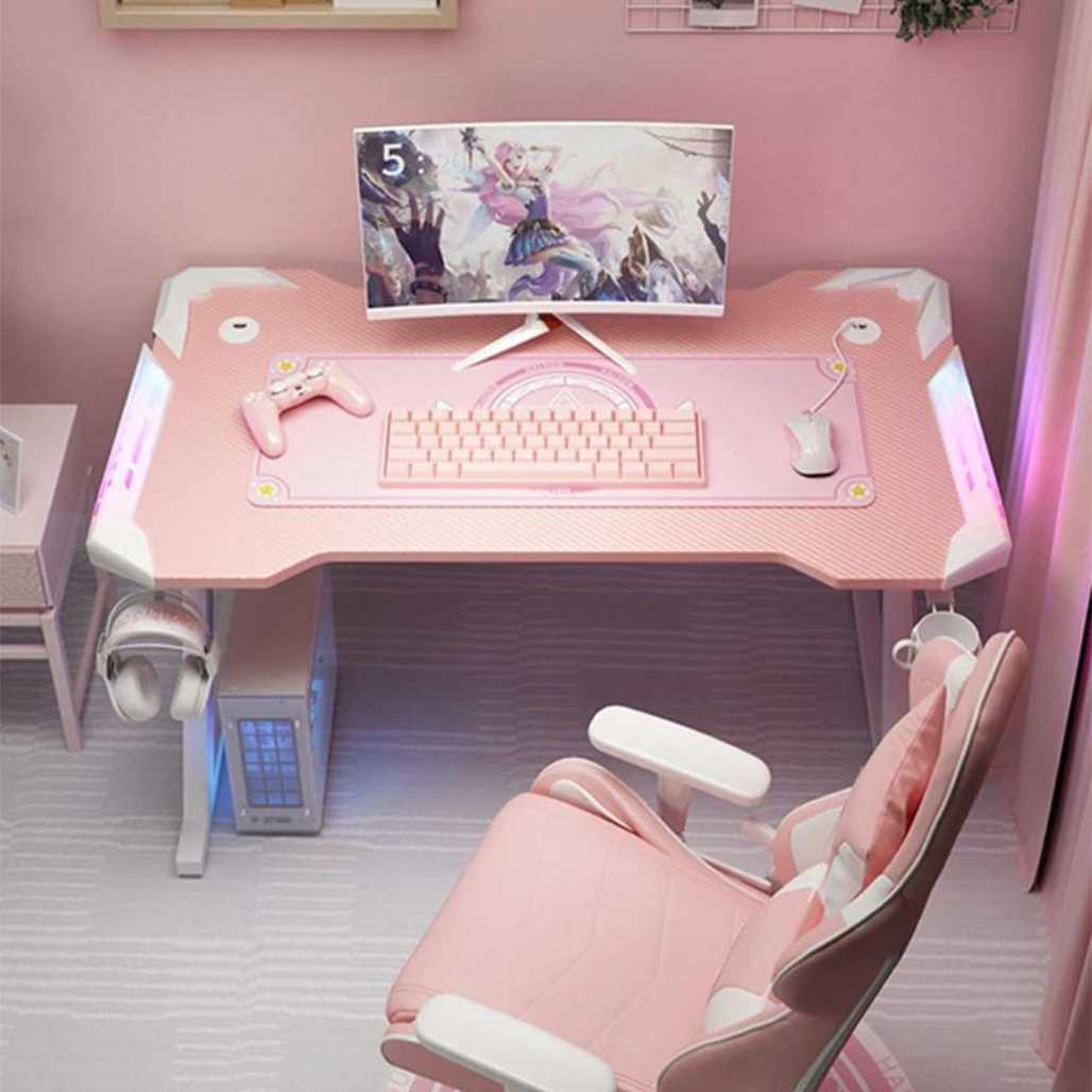 Escritorio para juegos con luz en forma de Z de color rosa para habitación de anime