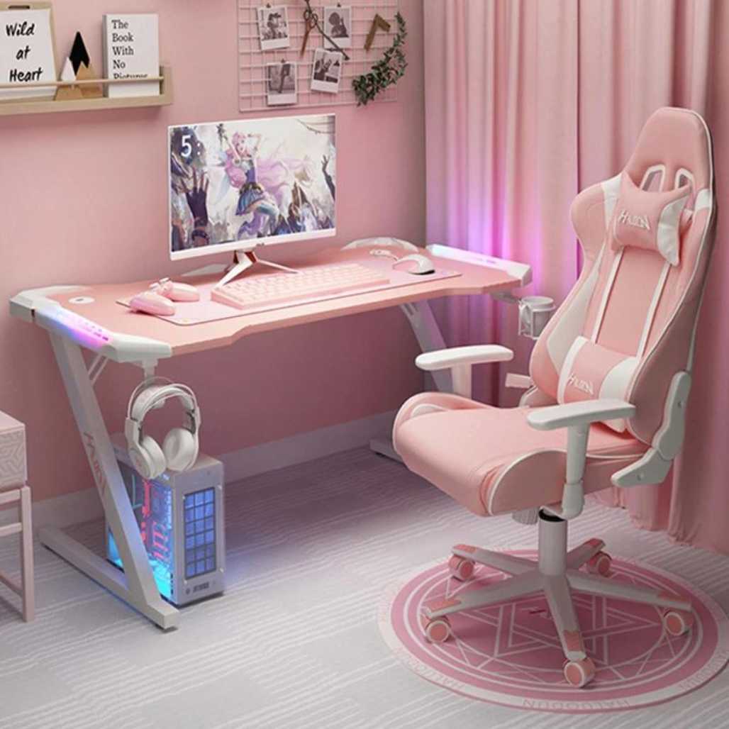 Escritorio para juegos con luz en forma de Z de color rosa para habitación de anime