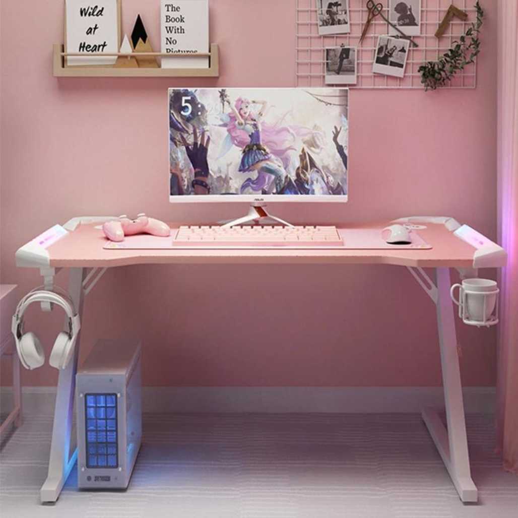 Escritorio para juegos con luz en forma de Z de color rosa para habitación de anime