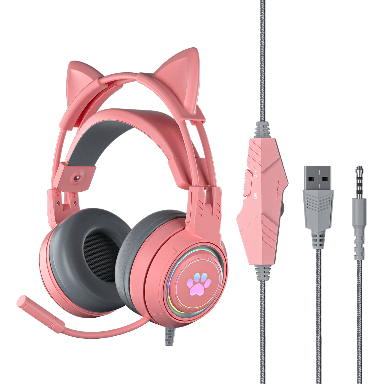 Anime Cat Ears Paw Print Wired Gaming Headphones - FIHEROE.
