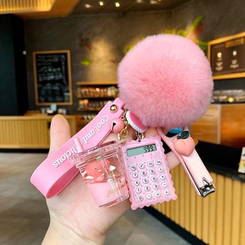 FIHEROE. Pink Girly Pom Pom Bag Charm Anime Keychains