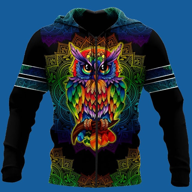 Colorful Space Owl Graphic Print Animal Hoodies - FIHEROE.